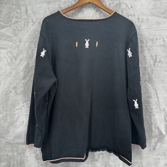 Vintage Quacker Factory Easter Sweater Womens 1X Black Bunny Embroidered Ramie - Picture 4 of 12